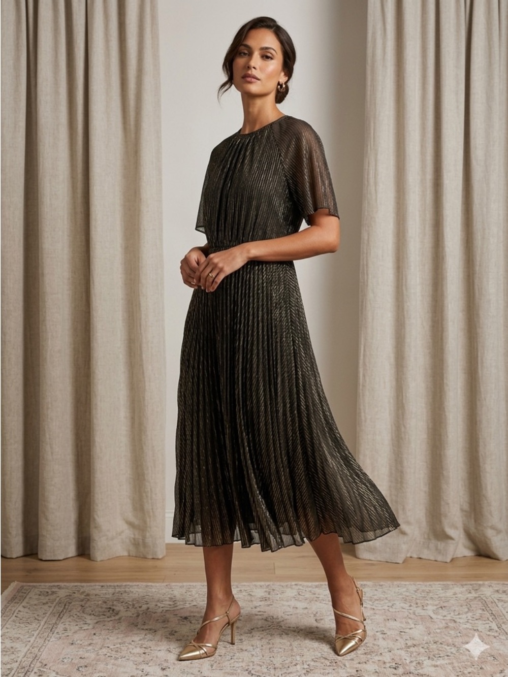 Ann Taylor Metallic Black Pleated Maxi Dress